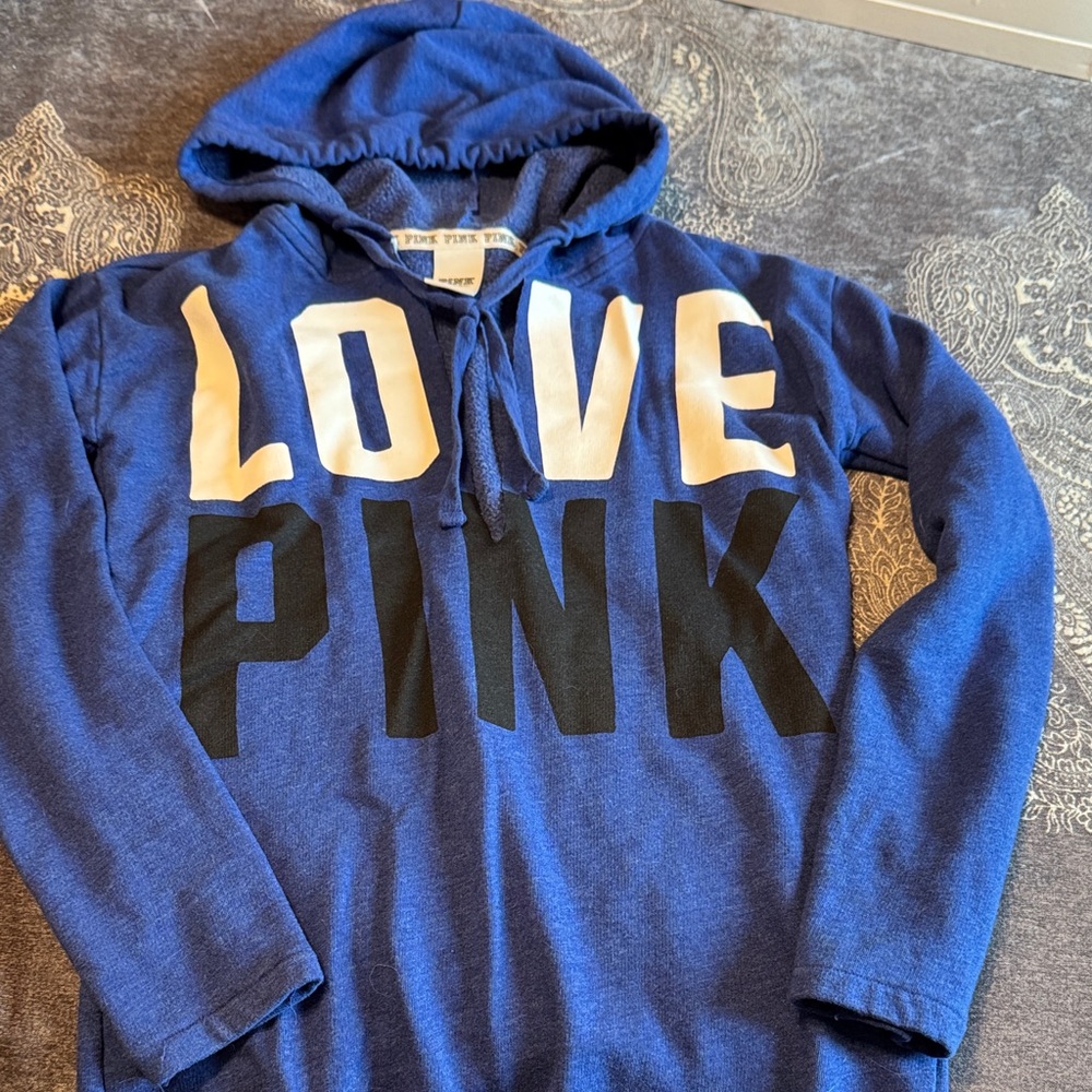 PINK Victoria's Secret Blue Hoodie with Black and White Lettering